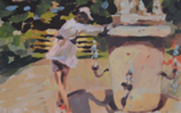Mark Krause - Sonia auf dem Kerzenbrunnen 2019 Öl auf Holz 30 x 21 cm